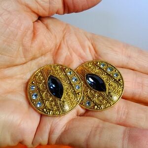 1928 goldtone large blue rhinestone clip-on earrings